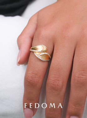 官方授权Fedoma缎面镀金拉丝立体波浪曲线宝石镶嵌交叉高级戒指