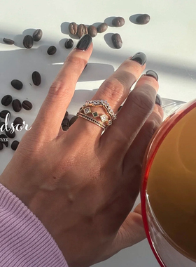 现货LHWindsor温莎极光菱形拼色组合三层叠戴开口戒指高级小众