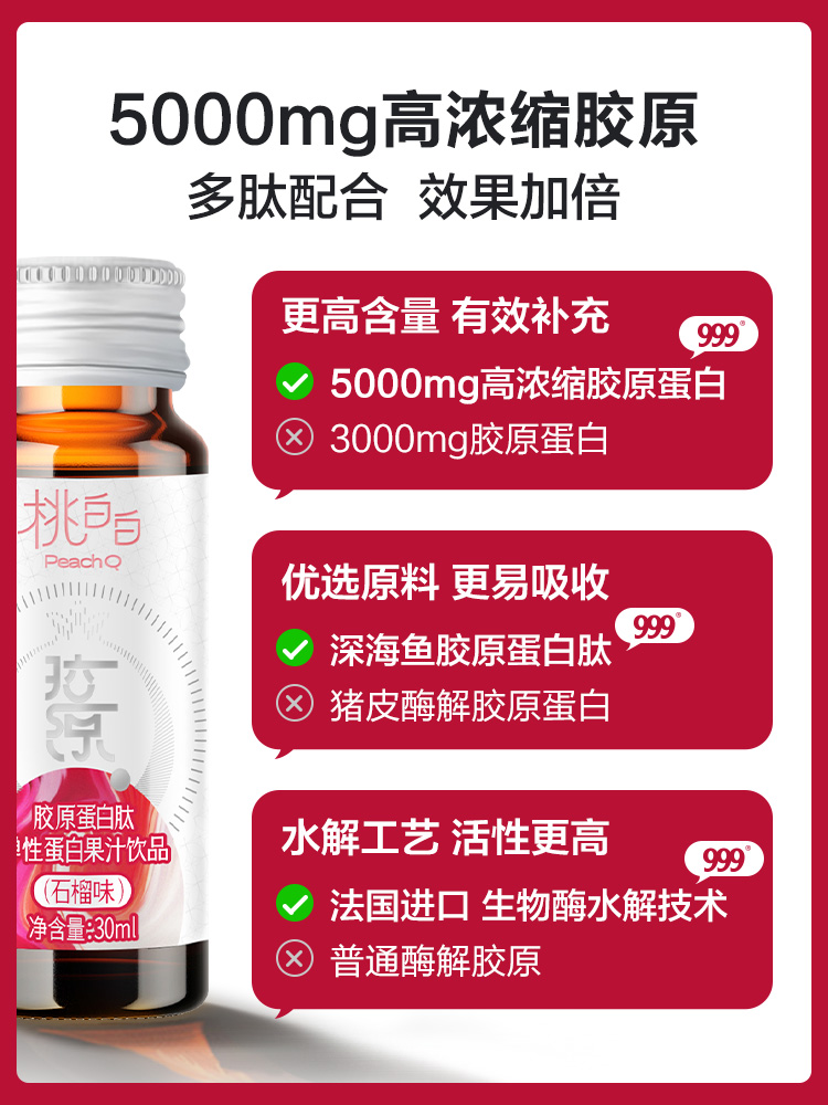 （999）桃白白胶原蛋白小分子肽液态饮10支/盒精华饮品【石榴味】 - 图0