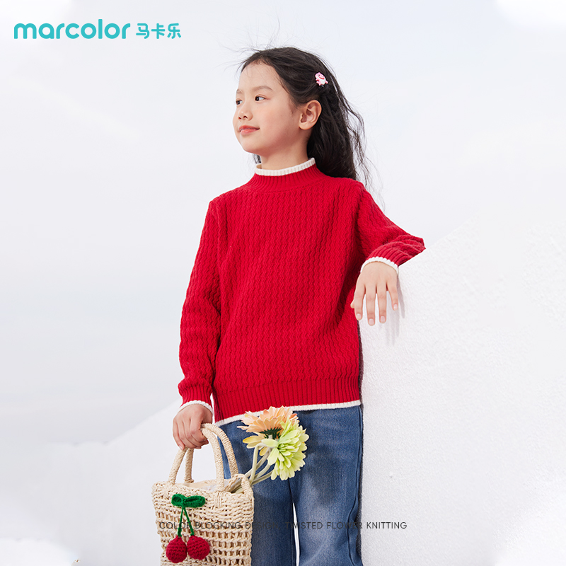 马卡乐童装女童针织毛衣秋季秋装儿童甜美风花边保暖加厚打底衫冬 - 图0