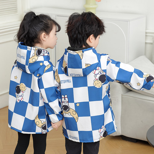 新款儿童罩衣加绒加厚长袖围裙连帽防水防油厨房绘画幼儿园护衣 - 图2