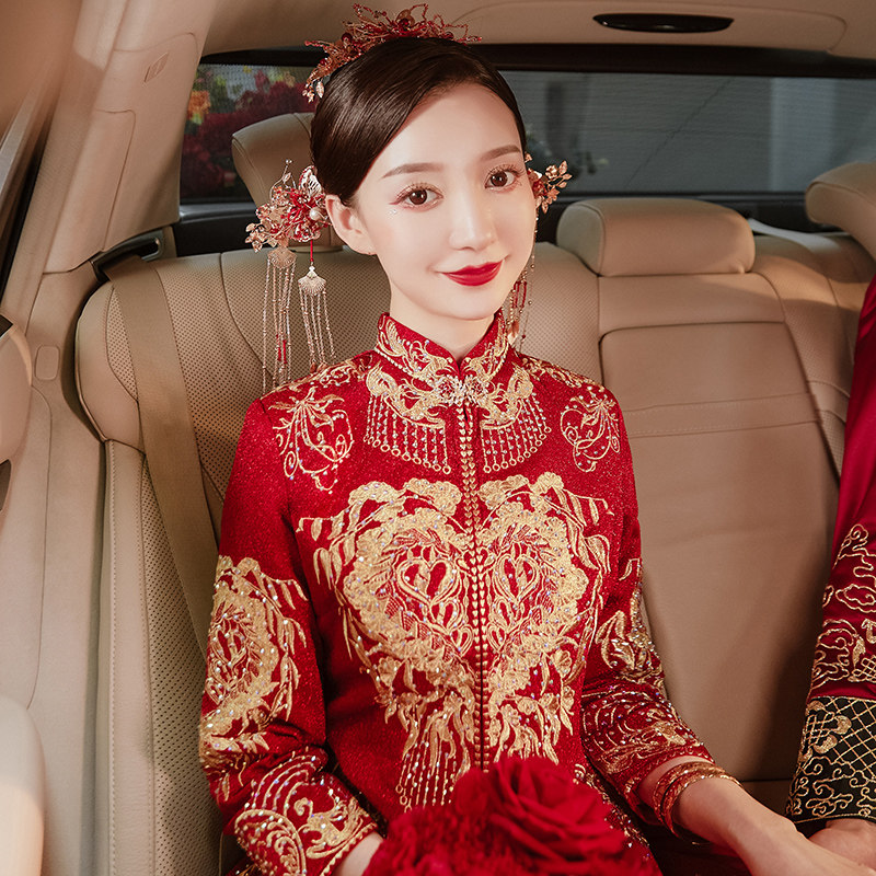 秀禾服2020新款新娘中式秋季秀婚纱 花作衣旗袍