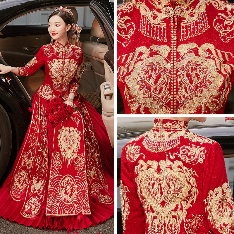 秀禾服2020新款新娘中式秋季秀婚纱 花作衣旗袍