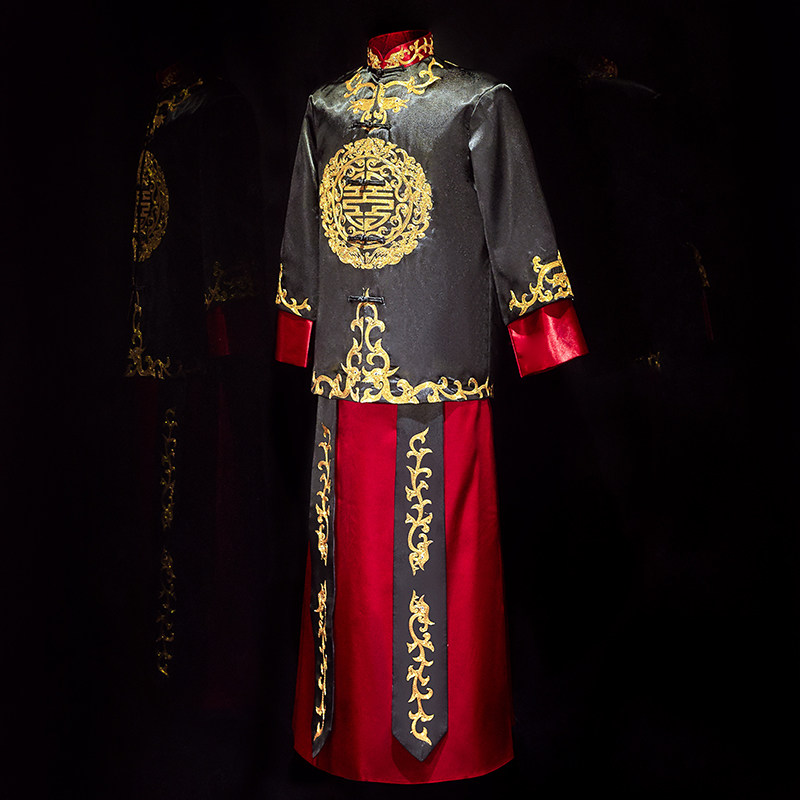 秀禾服新郎2020新款黑色男结婚礼服 花作衣民族服装