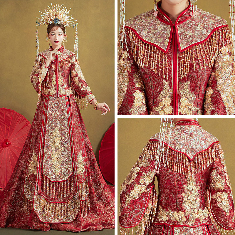 秀禾服新娘2020新款凤冠霞帔婚纱 花作衣旗袍