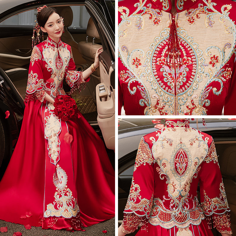 秀禾服2020新款秋季结婚礼服秀婚纱 花作衣旗袍