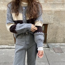 chic sweater jacket female cardiovert 2022 autumn winter new retro streaks short stylish knit long sleeve blouses