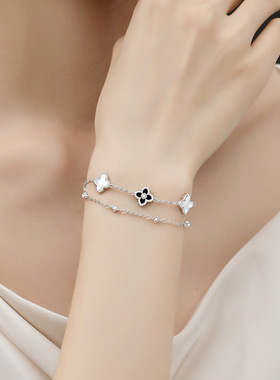 925纯银四叶草五花双层手链女ins风韩版气质高级感黑玛瑙手串