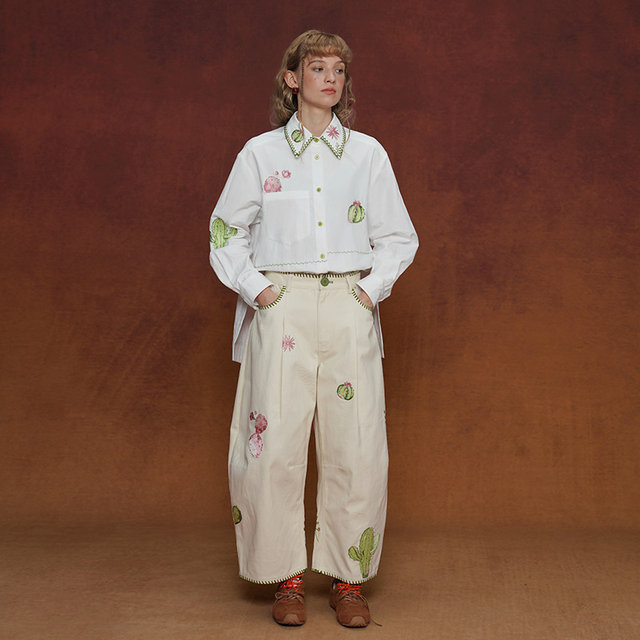 Kamo Original Design Niche Retro Shirt Heavy Embroidery Long Sleeve Women's 2025 Cuban Collar Loose Top