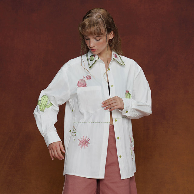 Kamo Original Design Niche Retro Shirt Heavy Embroidery Long Sleeve Women's 2025 Cuban Collar Loose Top