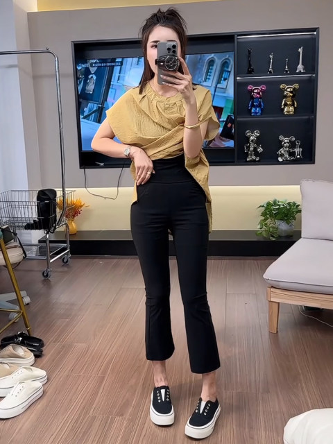 ເອີຣົບແປດຈຸດ micro-flare pants facial mask pants pants ຫນັງເຈ້ຍສໍາລັບແມ່ຍິງ