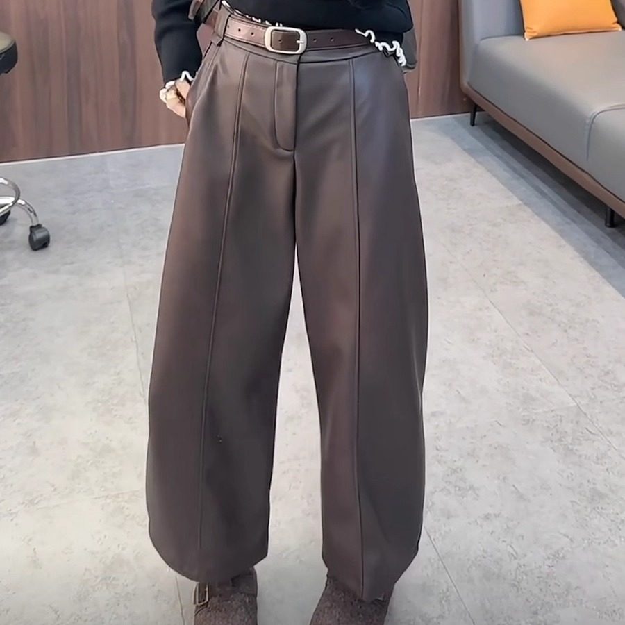 欧货加绒蛋白皮裤弯刀裤2025秋冬新款高腰黑色弹力宽松阔腿PU皮裤,淘宝优惠券,粉丝福利购,淘宝优惠卷