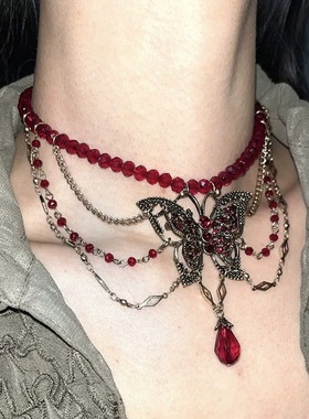 个性暗红串珠项链蝴蝶流苏锁骨链