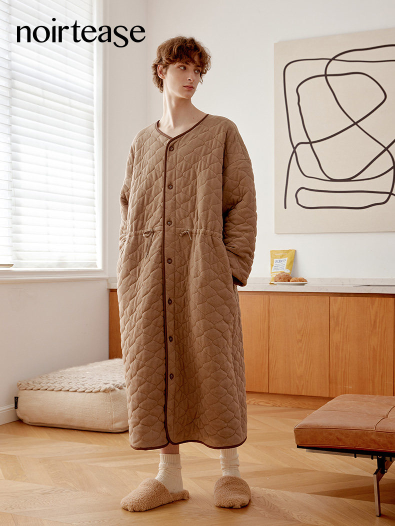 NoirTease冬季加绒加厚男士睡袍双面磨毛夹棉保暖中长款家居服,淘宝优惠券,粉丝福利购,淘宝优惠卷