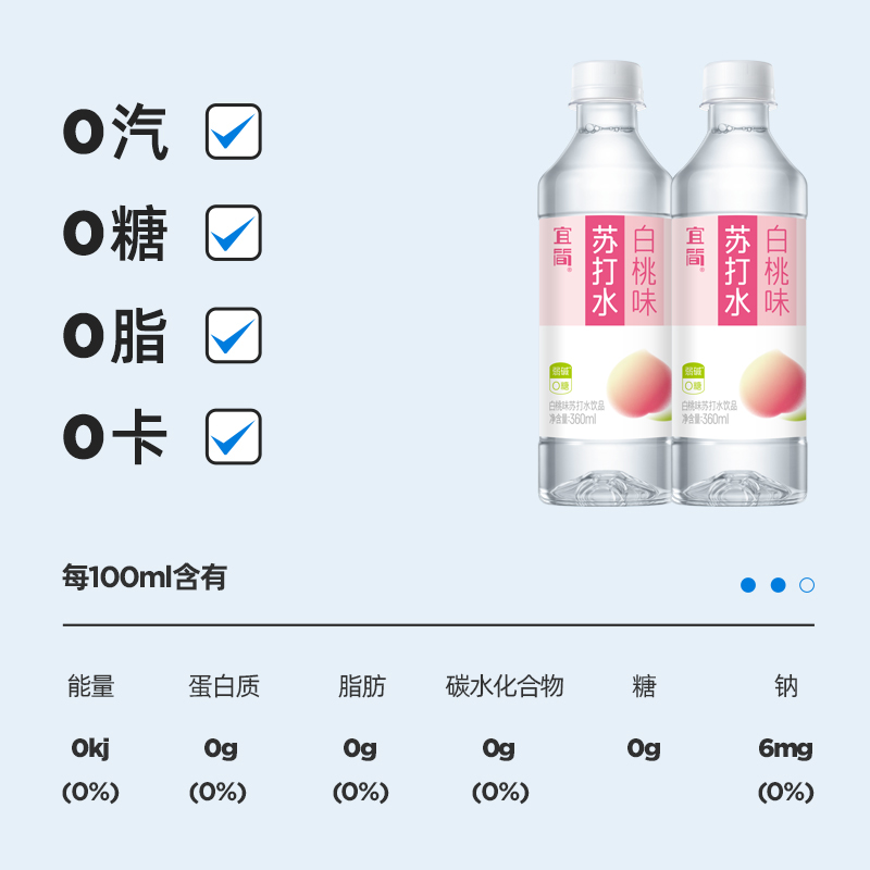 宜简白桃味苏打水果味无糖饮料0糖0脂0卡整箱360ml*12瓶