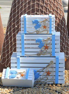 地中海家居装饰品收纳箱海洋实木箱子木盒子橱窗布置酒吧道具摆件