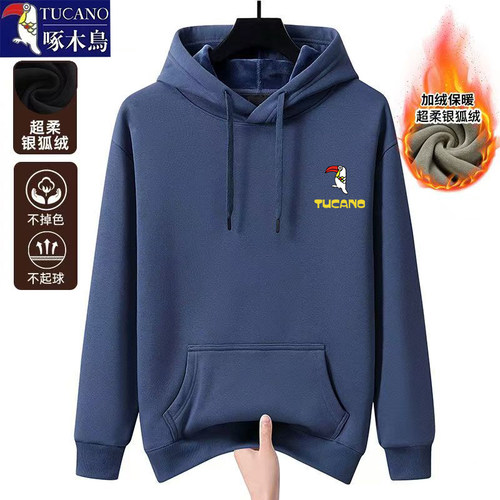 啄木鸟秋冬季连帽加绒加厚保暖卫衣男士宽松潮流套头百搭休闲上衣 - 图1