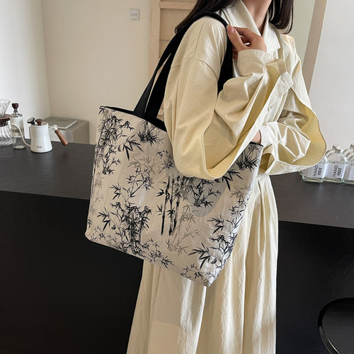 新中式国风帆布包包女式大容量单肩手提袋小众百搭上课通勤托特包 - 图1