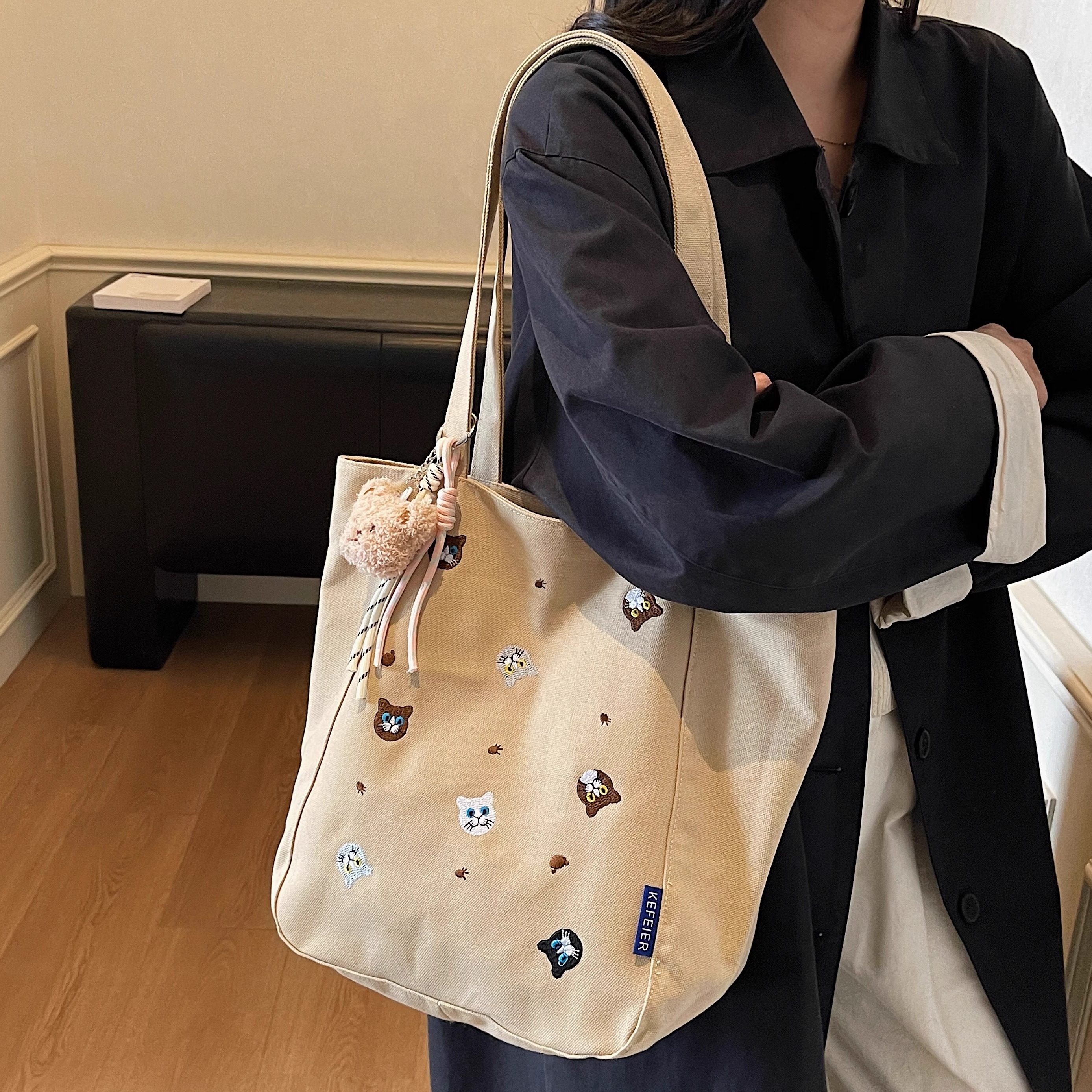 可爱猫咪刺绣帆布包包女潮大容量学生上课小众百搭单肩手提托特包,淘宝优惠券,粉丝福利购,淘宝优惠卷