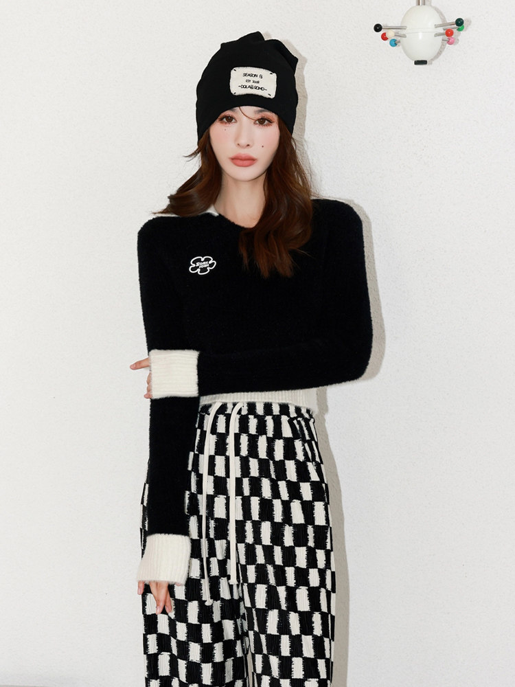 somesowe白鹿同款拼色polo领短上衣 playlounge毛针织衫