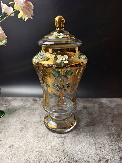 波西米亚穆拉诺真金描绘水晶玻璃中古罐收藏摆设糖果罐首饰收纳罐