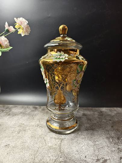 波西米亚穆拉诺真金描绘水晶玻璃中古罐收藏摆设糖果罐首饰收纳罐