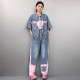 ພາກຮຽນ spring denim ກົງກັນຂ້າມ embroidered ຊຸດ pants ຂາກ້ວາງ