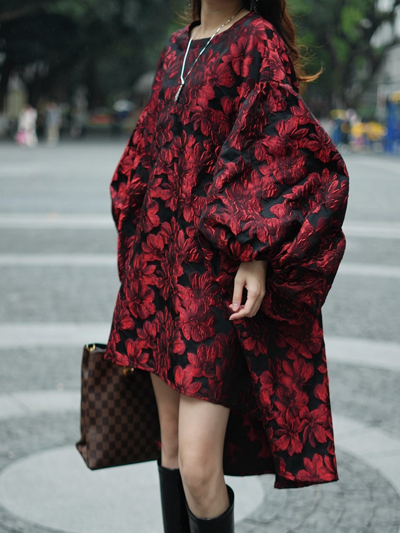 2025 秋季新款连衣裙华丽提花泡泡袖时尚休闲大码休闲气质女装,淘宝优惠券,粉丝福利购,淘宝优惠卷