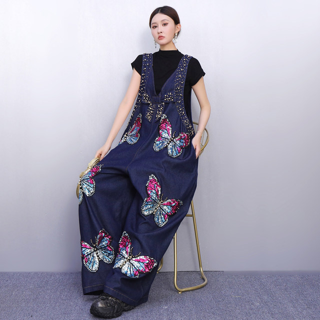 Butterfly heavy industry embroidered jumpsuit denim ເປັນຄົນອັບເດດ: ແລະ slimming