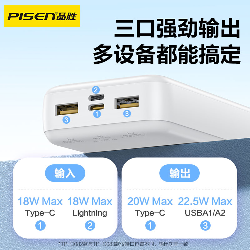 品胜充电宝20000毫安大容量22.5W超级快充移动电源双向快充超薄便携适用华为小米oppo苹果15手机2万专用户外