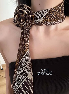 复古辣妹y2k豹纹玫瑰花朵丝巾