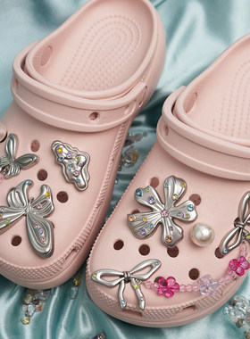 哑光银镶钻花朵蝴蝶适配Crocs洞洞鞋金属鞋花高级感DIY鞋扣鞋饰