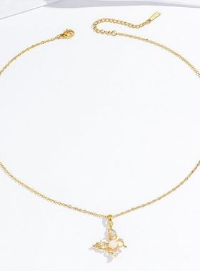 项链女网红蝴蝶玫瑰花锆石花朵小众新款设计耳环气质套装钛钢项链