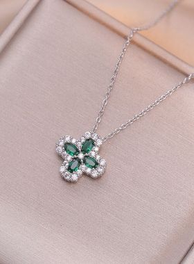 项链女 日韩风网红祖母绿锆石花朵小众新款设计感吊坠气质钛钢项