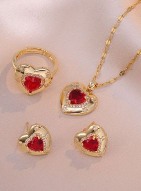 项链女网红 欧美宫廷中古风复古气质绿色锆石爱心耳环项链戒指女