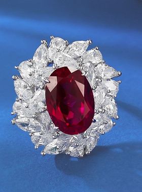 辉之翼珠宝S925银镶嵌9*13mm鸽血红鸽子蛋满钻豪镶红色高碳钻女款