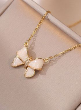 项链女网红甜美风蝴蝶结小众时尚新款设计感吊坠气质套装钛钢项链