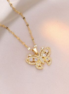 项链女 日韩风蝴蝶锆石项链小众新款设计感耳环气质套装钛钢项链