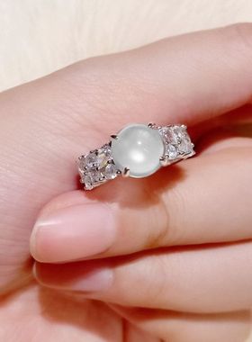 辉之翼珠宝 天然水沫玉戒指925银蛋面高冰玻璃种玉鸽子蛋排钻戒指