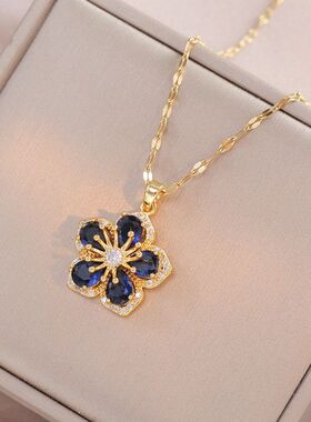 项链女 网红蓝色锆石花朵小众日韩风新款设计感吊坠气质钛钢项链