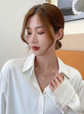 钛钢项链女 日韩风新款简约双层圆牌十字架项链锁骨链项饰品