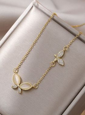 钛钢项链女 猫眼石蝴蝶韩式新款镀18K金项链镶钻吊坠锁骨链项饰品