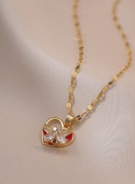 项链女  爱心锆石红色蝴蝶结旋转日韩ins时尚气质钛钢锁骨链女