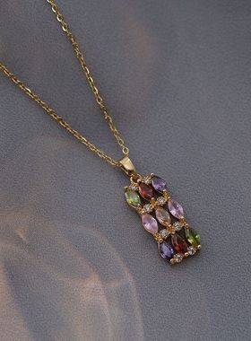 项链女网红彩色锆石几何小众时尚新款设计感吊坠气质套装钛钢项链