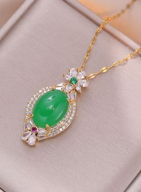 项链女复古风网红祖母绿锆石小众新款设计感吊坠气质时尚钛钢项链