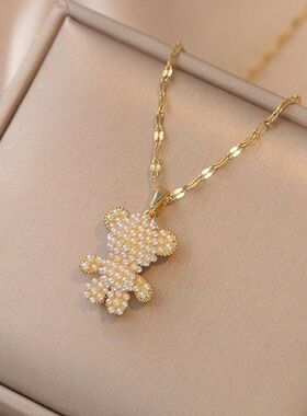 项链女网红甜美珍珠小熊锆石小众时尚新款设计感吊坠气质钛钢项链