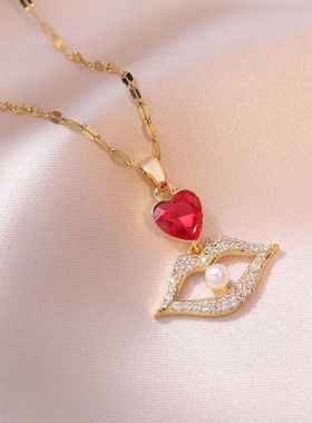 项链女抖音网红爱心锆石嘴唇小众时尚新款设计感吊坠气质钛钢项链