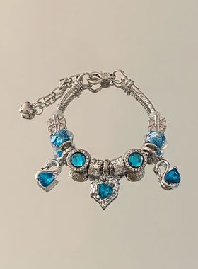 潘家跨境蓝色天鹅爱心满钻手链气质女小众百搭小众设计感手镯