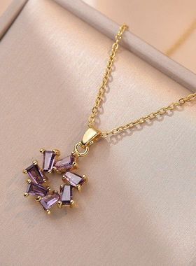 项链女网红紫色花朵锆石小众时尚新款设计感吊坠气质套装钛钢项链