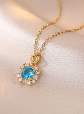 项链女网红跨境彩色锆石几何小众时尚新款设计感吊坠气质钛钢项链